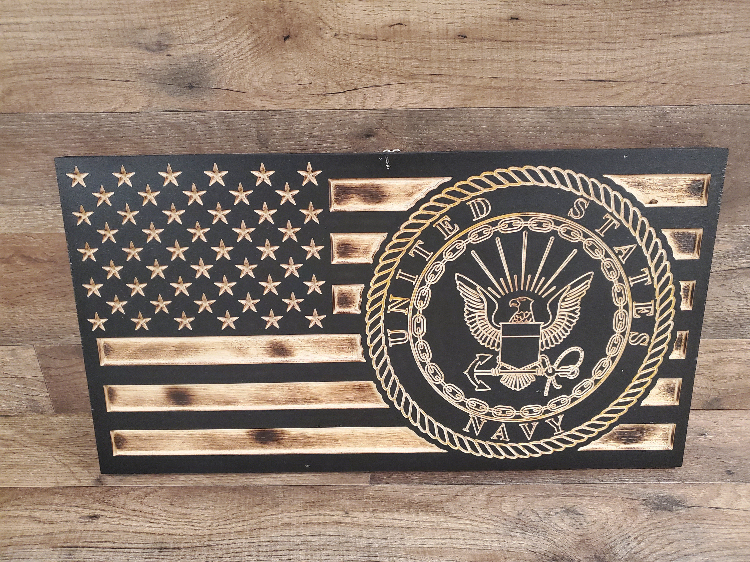 Navy Flag Wooden Sign, Rustic Burnt Wood American Flag, Military