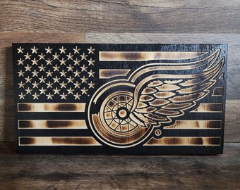 NHL Wooden Flag, Handcrafted sports flag, Rustic Burnt flag, Subdued American Flag, Detroit Red Wings Flag, Baseball Decor