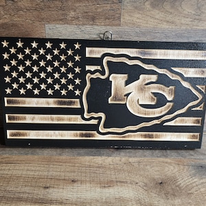 Kansas City Chiefs Handcrafted CNC engraved American flag, Handcrafted NFL sports flag, Rustic Burnt flag, NFL flag