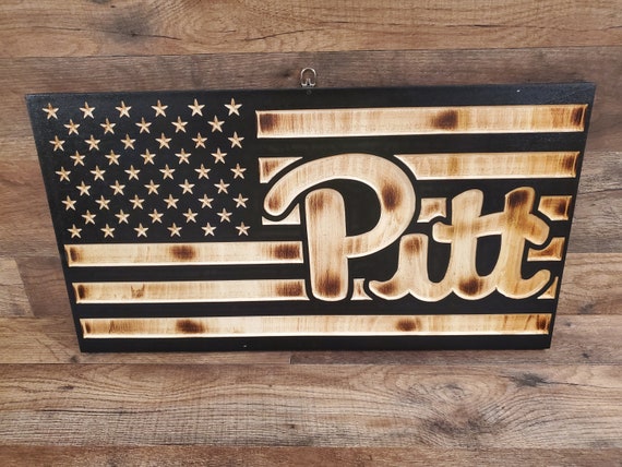 Pitt Panthers Wooden Flag, Rustic Burnt Wood American Flag, Man Cave Decor, Football Gift