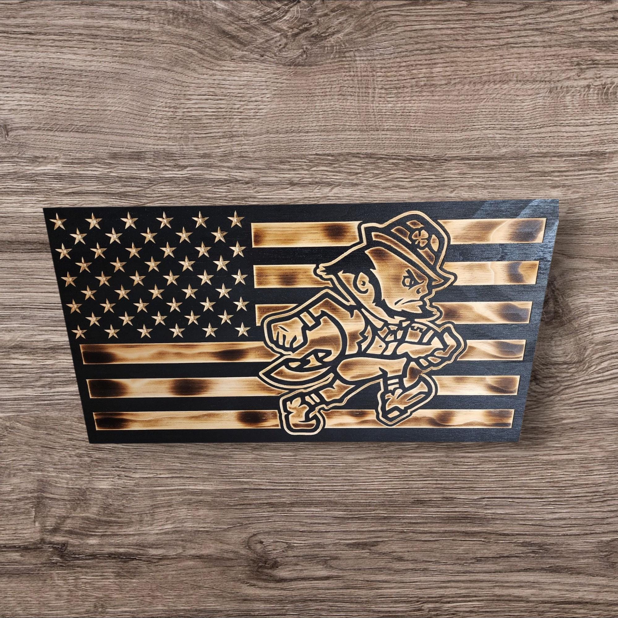 Notre Dame Wooden Flag, Rustic Burnt Wood American Flag, Man Cave