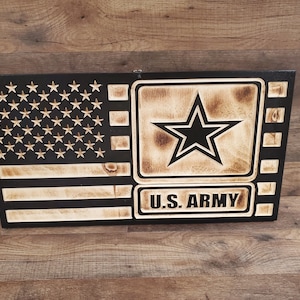 Handcrafted CNC Engraved Wooden Army Flag: Rustic Military Gift