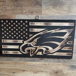 Handcrafted Philadelphia Eagles American Flag: CNC Engraved, Rustic Burnt Wood