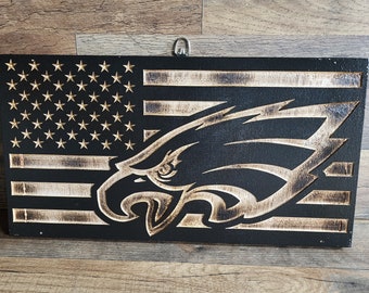 Handcrafted Philadelphia Eagles American Flag: CNC Engraved, Rustic Burnt Wood