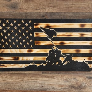 Handcrafted CNC Engraved Iwo Jima American Flag: Rustic Military Decor