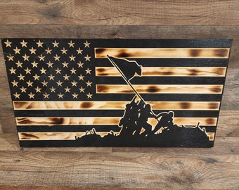 Beautiful handcrafted CNC engraved Iwo Jima American flag, Handcrafted Military flag, Rustic Burnt flag, Americana flag