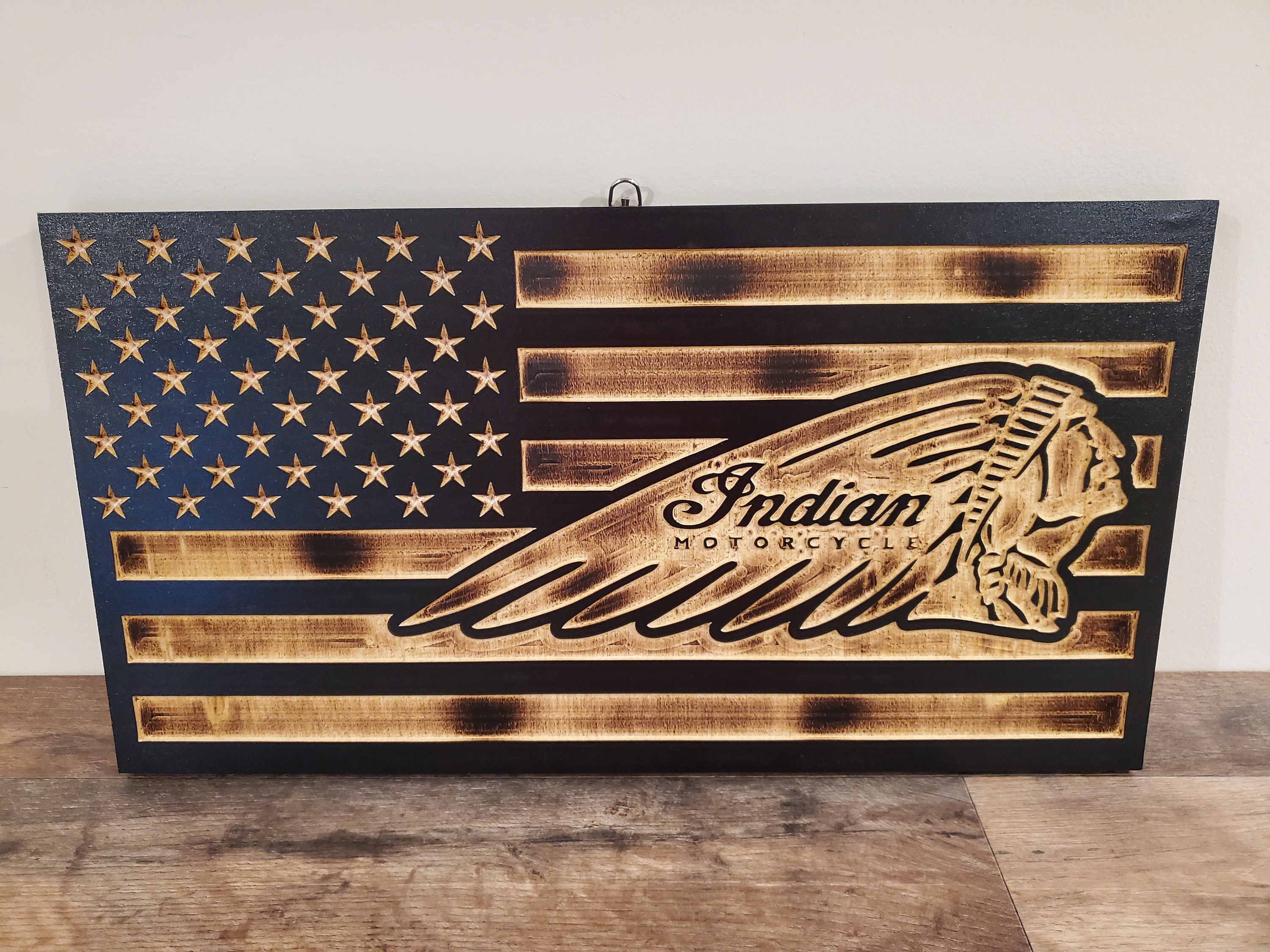 Indian Motorcycle Wooden Flag, Rustic Burnt Wood American Flag