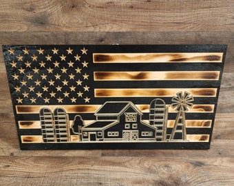 Barn Scene Wooden Flag, Handcrafted sports flag, Rustic Burnt flag, Subdued American Flag, Farm Scene Flag, CNC engraved flag,