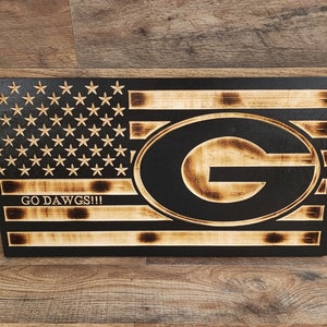 Georgia Bulldogs Wooden Flag, Handcrafted sports flag, Rustic Burnt flag, Subdued American Flag, NCAA flags, CNC engraved flag College Decor