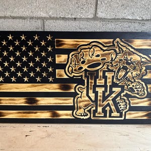 Handcrafted Wooden Kentucky American Flag: Custom Engraved Wildcats Gift