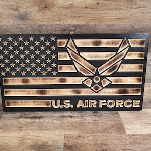 Handcrafted CNC Engraved Air Force Flag: Rustic Burnt Wood