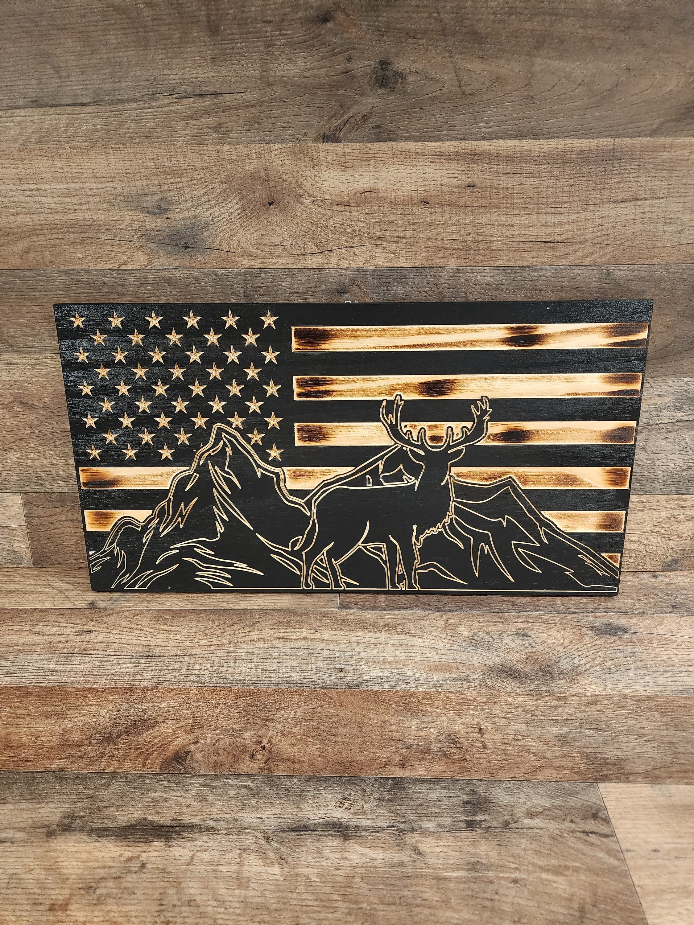 Deer Hunting Wooden Flag, Handcrafted sports flag, Rustic Burnt flag, Subdued American Flag, Hunting flags, CNC engraved flag, Deer Flag
