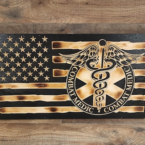 Handcrafted Burnt Wood Combat Medic American Flag