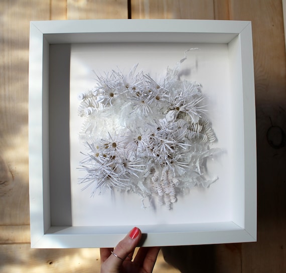 Framed large 3D white embroidered artwork 