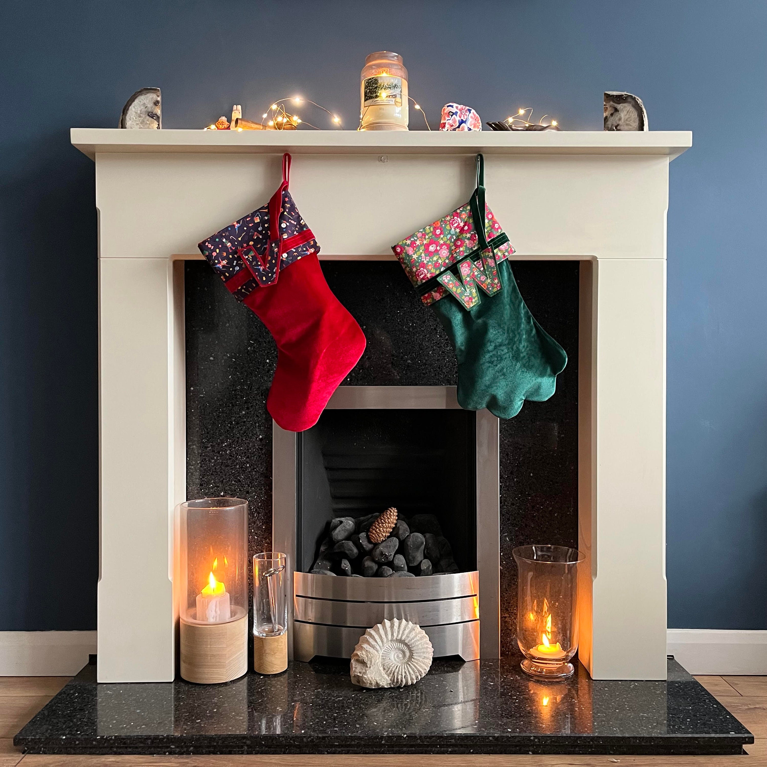 Liberty and velvet Christmas stocking with optional personalisation.