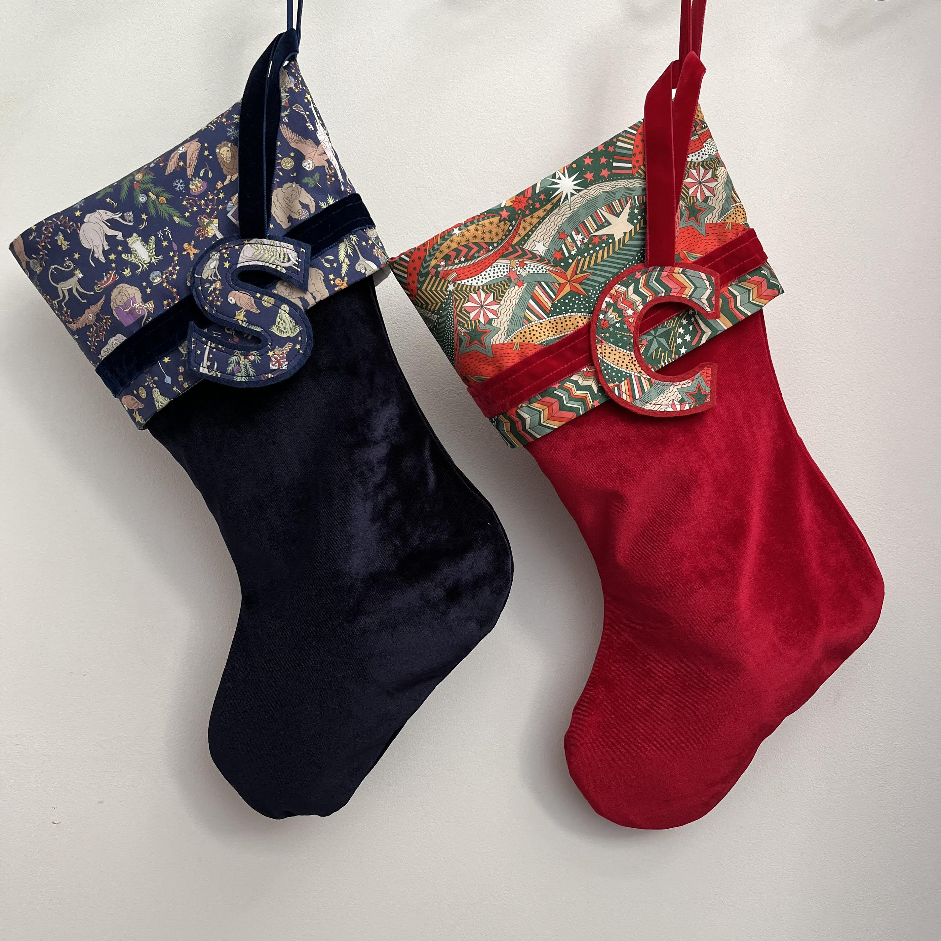 Liberty and velvet Christmas stocking with optional personalisation.