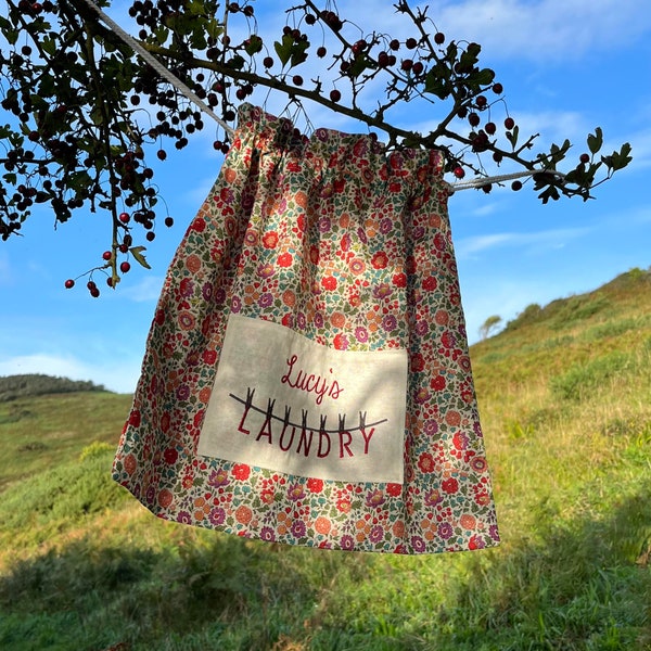 Laundry bag: Liberty Augusta Linen drawstring laundry bag for travel/lingerie storage with optional personalisation