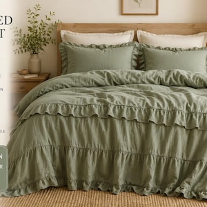 May include: A sage green ruffled duvet set featuring a layered design on the duvet cover and matching pillow shams. The set includes text stating Ruffled Duvet Set, Soft & Breathable, 100% Cotton Gauze, Machine Washable, Cozy & Comfortable, and Sage Green.