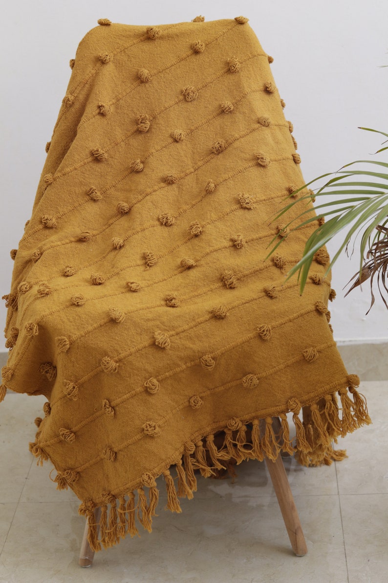 Handwoven Mustard Yellow Boho Throw Blanket – Cozy Textured Cotton Blanket with Tassels for Sofa, Bed & Home Décor - Size 52x72 image 2