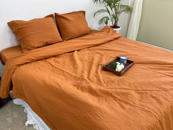tobacco colored bedding Linen Set in Tobacco. Duvet Cover and 2 Pillowcases Set. King, Queen, Twin, Full, Double, Single Size. Brown Linen Bedding in vibe Tobacco Stripes
