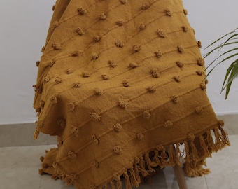 Handwoven Dark yellow Boho Throw Blanket – Cozy Textured Cotton Blanket with Tassels for Sofa, Bed & Home Décor - Size 52x72