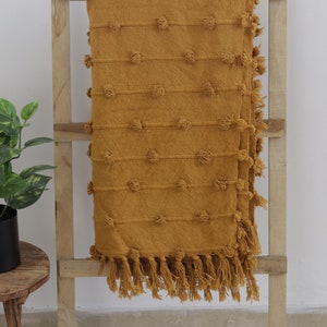 Handwoven Mustard Yellow Boho Throw Blanket – Cozy Textured Cotton Blanket with Tassels for Sofa, Bed & Home Décor - Size 52x72
