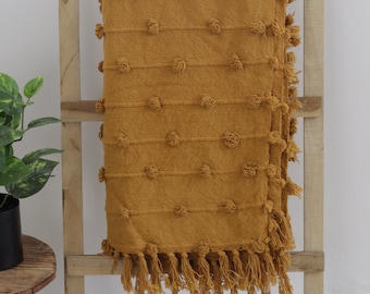 Handwoven Mustard Yellow Boho Throw Blanket – Cozy Textured Cotton Blanket with Tassels for Sofa, Bed & Home Décor - Size 52x72