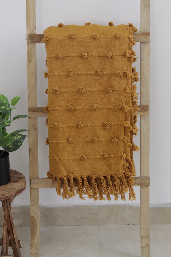 Handwoven Mustard Yellow Boho Throw Blanket – Cozy Textured Cotton Blanket with Tassels for Sofa, Bed & Home Décor - Size 52x72