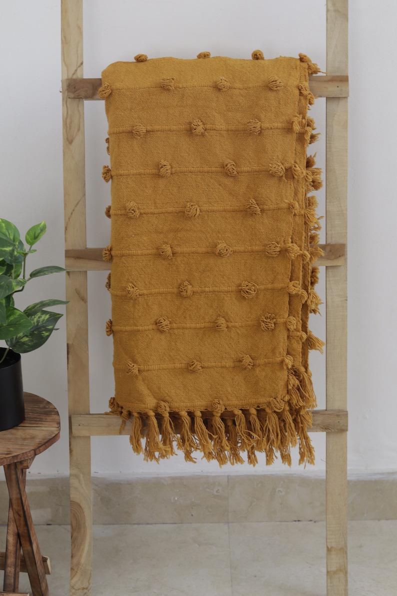 Handwoven Mustard Yellow Boho Throw Blanket – Cozy Textured Cotton Blanket with Tassels for Sofa, Bed & Home Décor - Size 52x72 image 1