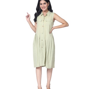 Light Green Handmade Midi Linen dress / Midi Dress with perfect plates on front/ Sleeveless dress / Functional pockets on front / Free ship