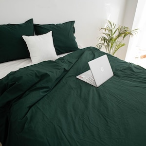 Housse de couette en lin vert émeraude avec taies d'oreiller/Ensemble de 3 housses de couette bohème/ Double, 1 place, grand lit, très grand lit, lit sur mesure |  Livraison gratuite