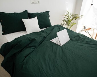 Forest Green linen duvet cover with pillow shams - Boho Duvet cover 3pcs set - Pure linen bedding - Personalization available.