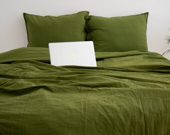 Olive Green Duvet Cover Set – Linen Bedding, Soft Washed Linen Look, Queen/King Size, Minimalist Bedroom Decor"