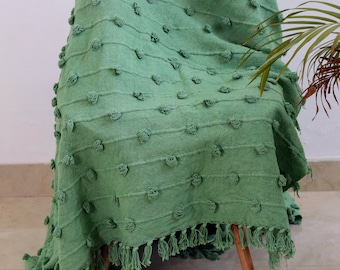 Handwoven Sage Green Boho Throw Blanket – Textured Pom Pom & Fringe Decor /Cotton Blanket 52x72/ custom Size