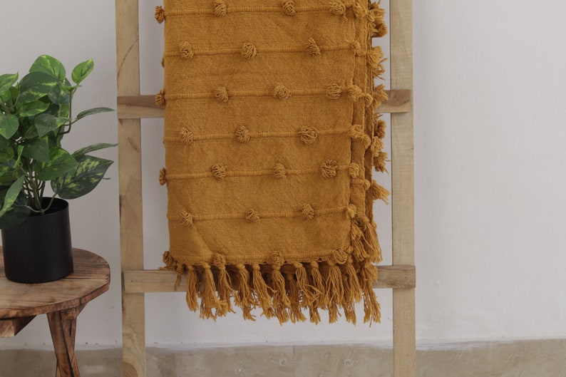 Handwoven Mustard Yellow Boho Throw Blanket – Cozy Textured Cotton Blanket with Tassels for Sofa, Bed & Home Décor - Size 52x72 image 4