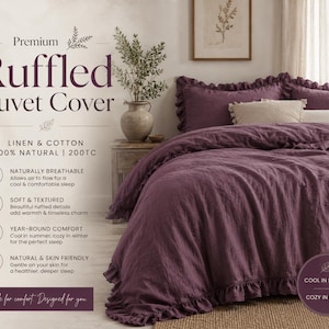 Plum Ruffled Cotton Duvet Cover Set, Breathable Bedding, Farmhouse Bedroom Decor, Soft Textured Comforter Cover, Queen King Twin