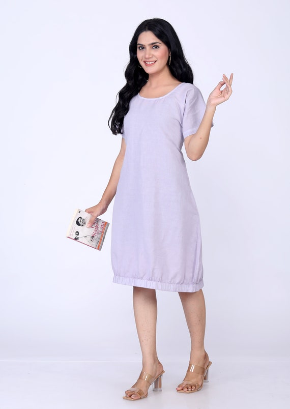 Lavender Linen One Piece End With Elastic. Half Sleeve Fit Pure Linen Dress.  Best Knee Length. Women's Clothing / Free Shipping - Etsy Israel