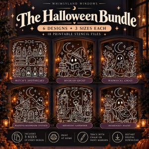 Puede incluir: Una colección digital titulada The Halloween Bundle con 18 archivos de plantillas imprimibles con 6 diseños en 3 tamaños. Los diseños incluyen una botica de bruja, un fantasma lector, un fantasma, una cabaña de setas, un jardinero y un fantasma.