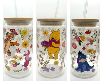 16 oz Winnie The Pooh Libbey Glass Can  | Tigger | Piglet | Eeyore | Floral Glass Can | Halloween Gift | TikTok Glass Can | Tumbler Gift