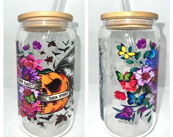16 oz Halloween Floral Libbey Glass Can  | Floral Libbey Glass Can | Iced Coffee | Pumpkin Spice | Latte | Halloween Gift