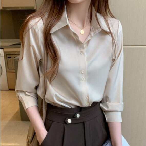 Boiiwant Women's Silk Like Satin Button Down Formal Shirts Long Sleeve  Casual Office Work Blouse Tops 