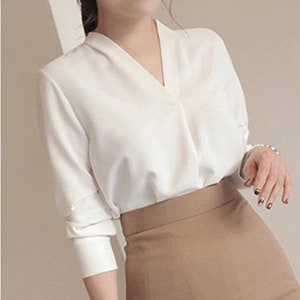 Elegant Long Sleeve Blouse Solid Beige White Chiffon Office Formal ...