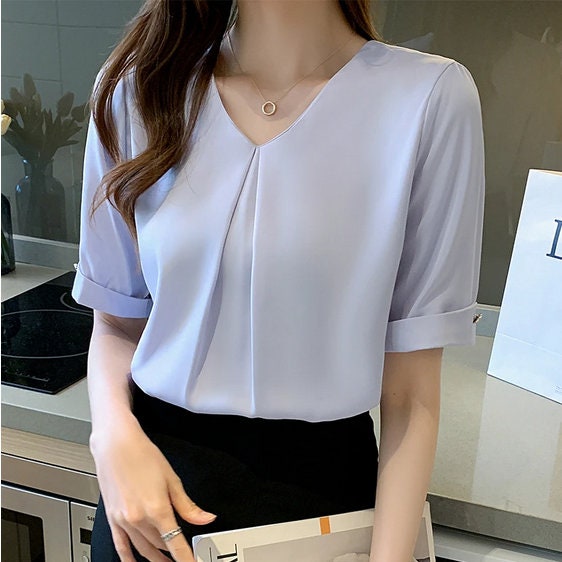 Womens White Chiffon Blouses Short Sleeve Shirt Formal Casual Tops Office  Clothes Business Wear Blouse Summer Work Outfits for Ladies 