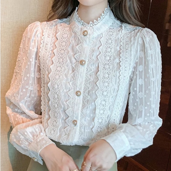 Women's White Lace Blouse Long Sleeve Button Shirt Formal - Etsy