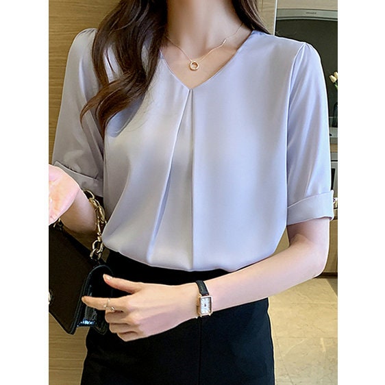 Womens White Chiffon Blouses Short Sleeve Shirt Formal Casual Tops Office  Clothes Business Wear Blouse Summer Work Outfits for Ladies 