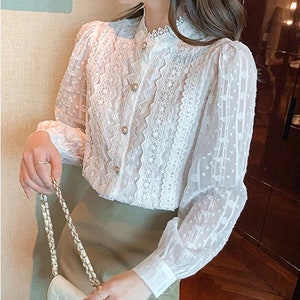 Women's White Lace Blouse Long Sleeve Button Shirt Formal Dress Shirt ...