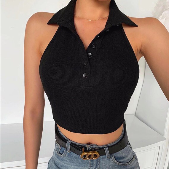 Brand New Women's Clothing Tank Top Halter Collar Crop Top - Etsy 日本