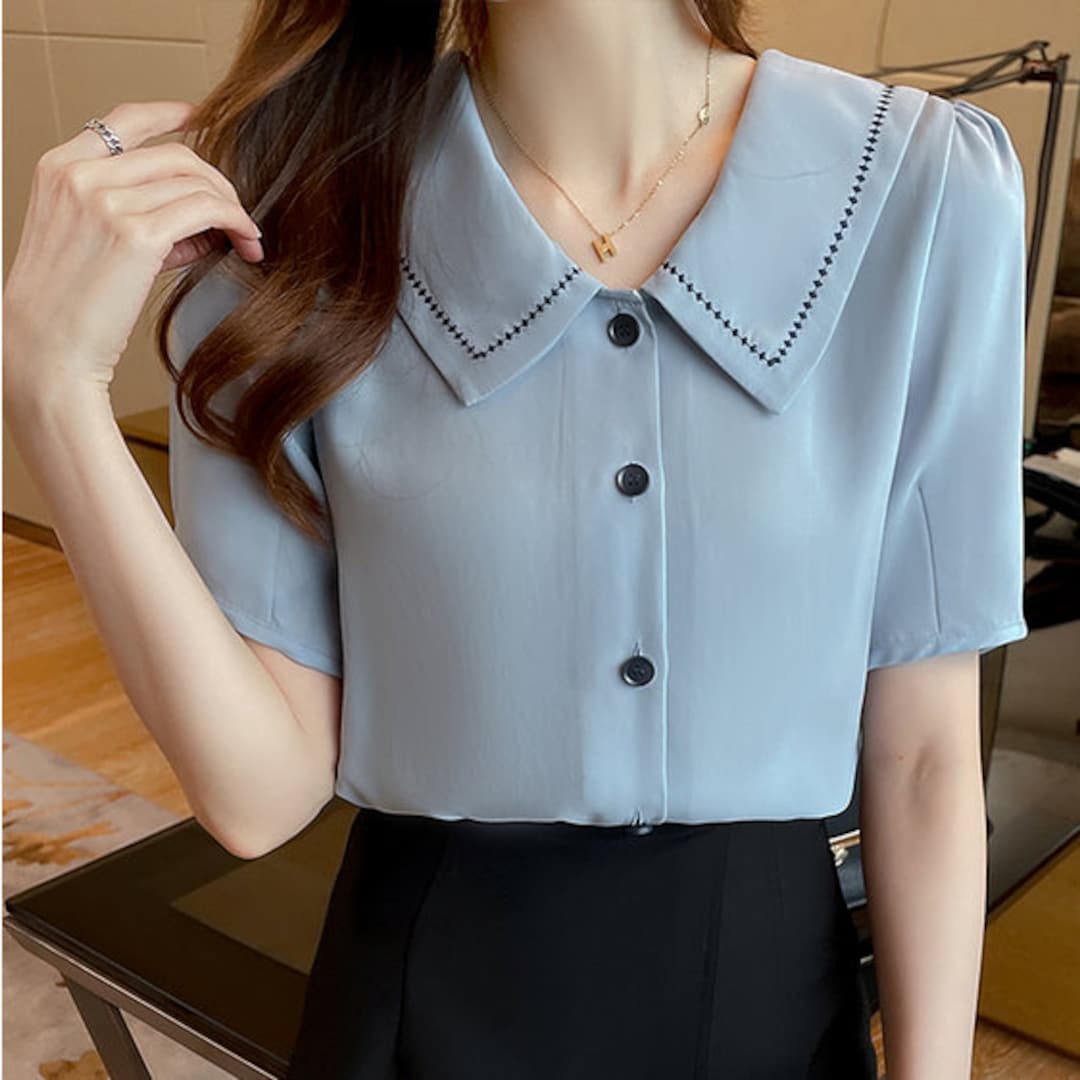 Button up Short Sleeve Blouse Collar Chiffon Shirt Vintage Formal