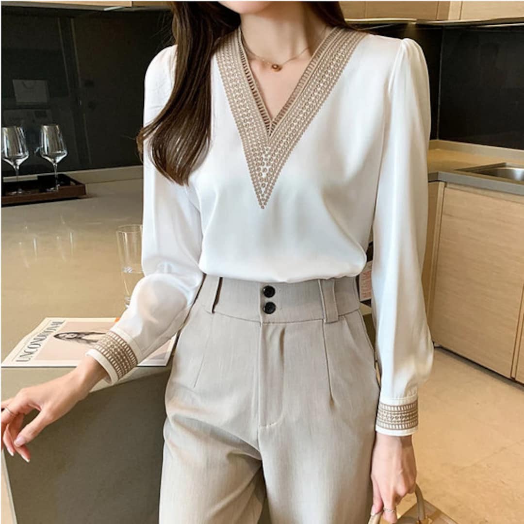 Women's Long Sleeve White Blouse Tops Embroidery Vneck Soft Chiffon