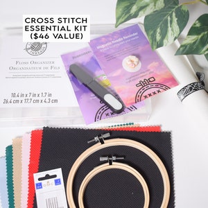 May include: Cross stitch essential kit with a $46 value. The kit includes a floss organizer, embroidery hoop, needles, fabric, and a magnetic needle reminder.